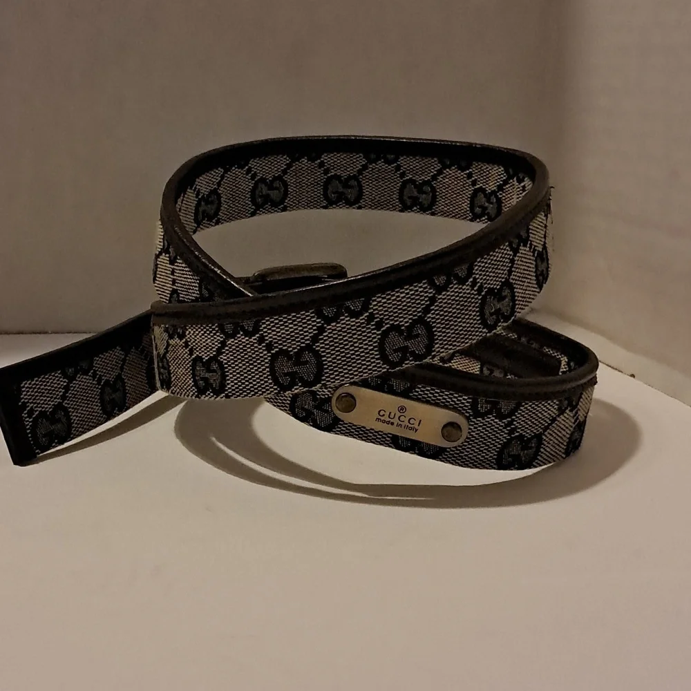 Gucci Canvas Leather Trimmed Belt Brass Buckle Size 38 Luxury Classic Preowned
